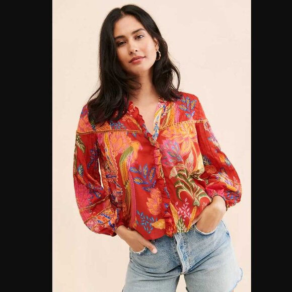 M Farm Rio x Anthropologie Mystic Bush buttoned up blouse top in red - Picture 1 of 10